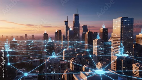 Connected cityscape with glowing network lines illustrating modern technology and communication featuring high rise buildings at sunset