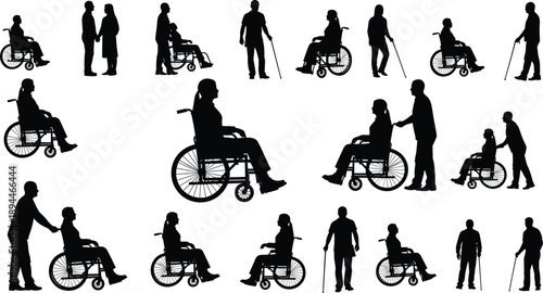 Black silhouette collection of people with disabilities featuring wheelchair users and visually impaired individuals with walking canes isolated on white background for healthcare accessibility design