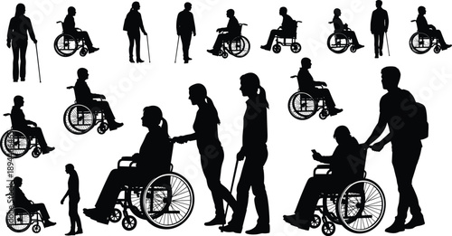 Black silhouette collection of people with disabilities featuring wheelchair users and visually impaired individuals with walking canes isolated on white background for healthcare accessibility design