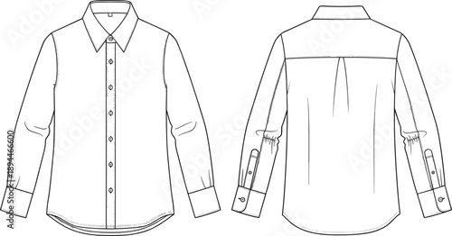 Set of blank apparel technical sketch illustrations featuring front and back views of oversized hoodies and button down shirts for streetwear fashion design mockup templates