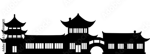 Traditional Asian temple complex silhouette featuring a moon bridge and tiered pagoda. This black architectural graphic captures the elegance of oriental design, perfect for cultural and travel brandi