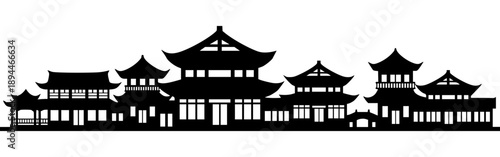 Traditional Asian architectural skyline in a clean black silhouette. This panoramic illustration features tiered pagoda roofs and oriental temple structures, ideal for travel, culture, or Zen themes.