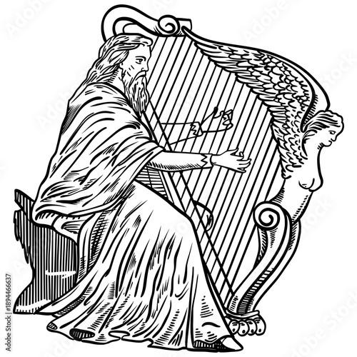Classic woodcut illustration of a bearded man playing an ornate harp. This vintage engraving style features detailed linework and a mythical aesthetic, perfect for music, history, or fantasy themes.