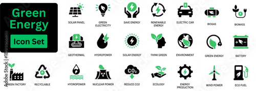Silhouette vector of Green Energy icon set. Icon of solar, wind, renewable, alternative, eco, sustainable power, and renewable energy 