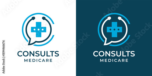 Medical Consult Logo Concept. Talk Doctor Logo Design Template. Health Chat Logo with Stethoscope and Plus Sign Vector. Doctor, Clinic, Healthcare, Hospital Logo Icon Symbol Vector Illustration.