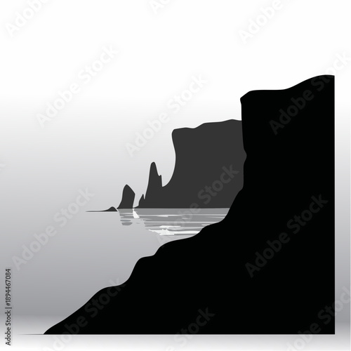 Minimalist vector illustration of coastal cliffs and sea with gradient background serenity