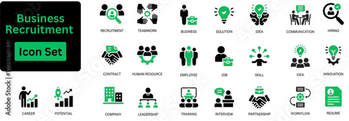 Silhouette vector of Business Recruitment icon set. Recruitment web icons in line style. Career, resume, hiring, teamwork, leadership, skills, resume, training, innovation