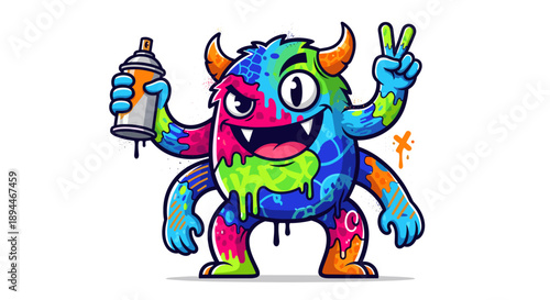 Colorful Cartoon Monster with Spray Paint Can.