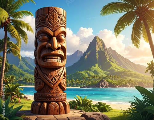 Carved tiki totem stands tall on a tropical beach paradise, with mountains & palm trees under a sunny sky