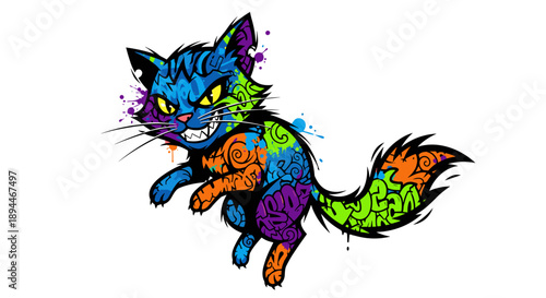 Colorful Cat Illustration with Vibrant Patterns.