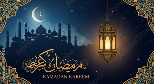 Ramadan kareem greeting card with mosque silhouette and lantern