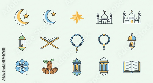 Ramadan icons set with mosque lanterns dates and crescent moon