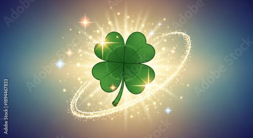 Lucky four leaf clover with sparkling glitter and shining light