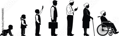 Black silhouette collection of human life cycle from baby crawling to elderly person in wheelchair isolated on white background for aging and development design