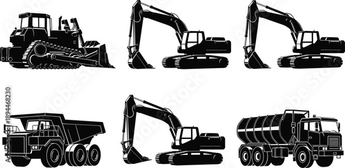 Collection of heavy construction machinery silhouettes including tower cranes excavators dump trucks and bulldozers isolated on white background for industrial building and engineering design