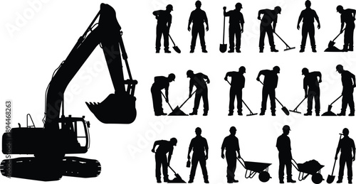 Black silhouette of heavy construction excavator and group of manual workers with shovels wheelbarrows and tools isolated on white background for industrial site design