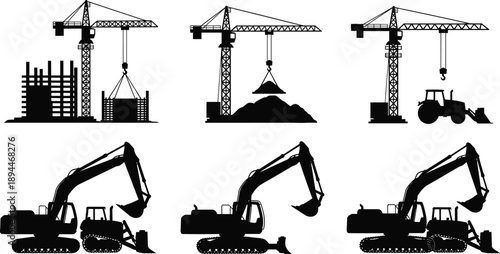 Set of heavy construction machinery silhouettes including tower cranes excavators and tractors working on building site isolated on white background for industrial architectural design