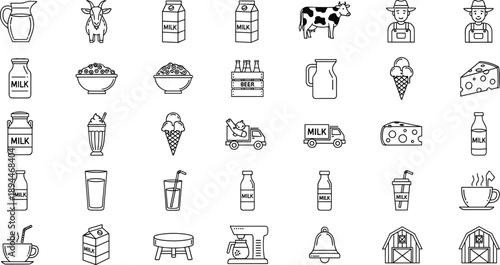 Large Vector Icon Set of Dairy and Milk Products Line Art Including Cow Goat Farmer Barn Cheese Ice Cream Yogurt and Farm Industry Elements