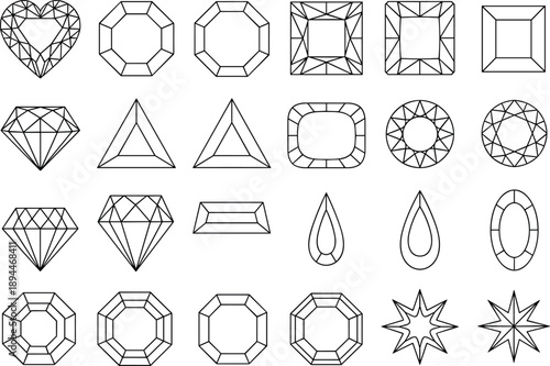 Large Vector Icon Set of Diamond and Gemstone Line Art Including Heart Emerald Round Pear Marquise Cushion and Princess Cut Jewelry Design Elements