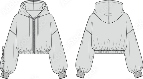 Women Cropped Zip Up Hoodie Technical Fashion Illustration Sketch Template With Long Puff Sleeves Ribbed Cuffs And Hem Line Art Drawing For Apparel Design