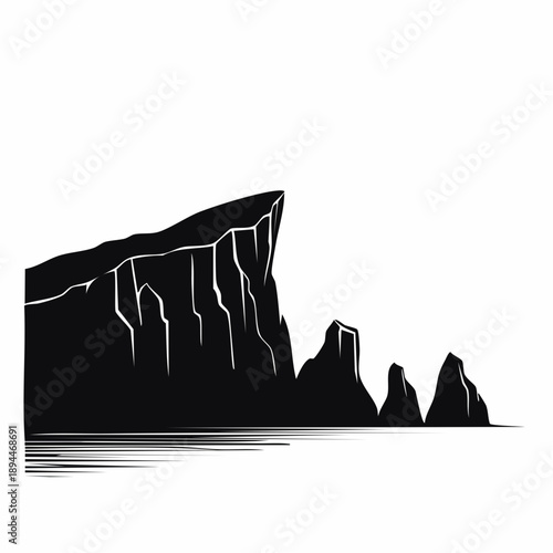 Monochromatic landscape illustration featuring a jagged cliffside and water reflection serene