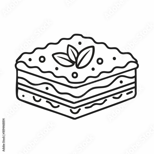 Monochrome illustration of lasagna with basil leaves as a decorative element, perfect for menu