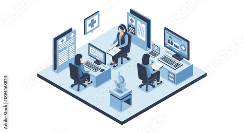 Isometric Office Scene with People Working.