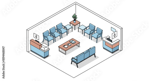 Isometric Office Space with Furniture and Equipment.