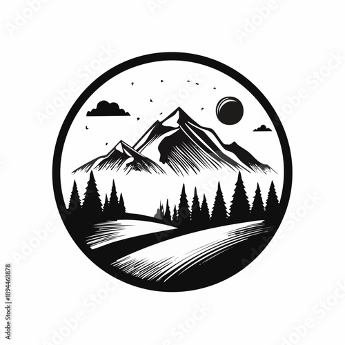 Monochrome mountain landscape with trees and sky art in minimalist circular frame