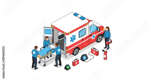 Medical Team with Ambulance and Equipment.