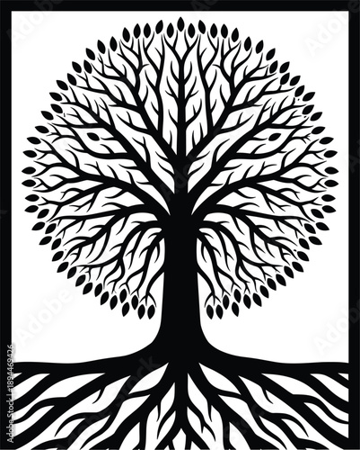 Black silhouette of a tree of life with deep roots and lush leaves isolated on grey background for spiritual and nature design concepts