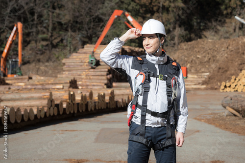 Cuadro en lienzo 建築現場などでショベルカーを背景にヘルメットをつけた高所作業などのハーネス(安全帯)を付けた男性(多摩木材センター協同組合プロパティ許可ずみ）真剣な表情の横顔　