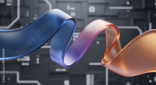 Futuristic 3D abstract ribbons with glossy gradients on dark technology background