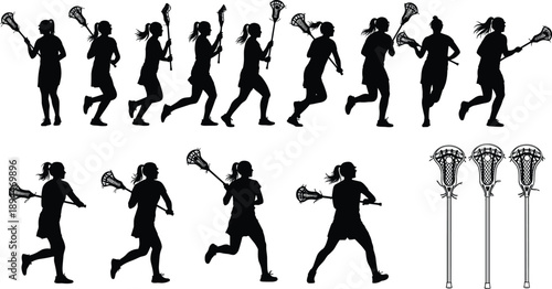 Black silhouette vector set of female lacrosse players running and playing with sticks plus detailed equipment icons for sports team branding and athletic competition