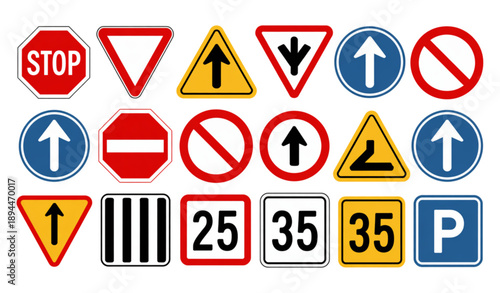 Flat road signs and street marking icons vector collection for traffic control and city navigation