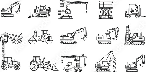 Black and White Line Art Vector Icon Set of Heavy Construction Machinery Equipment Including Excavator Bulldozer Crane Forklift Roller Tractor and Industrial Vehicles