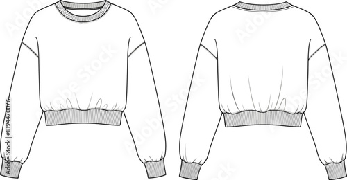 Technical flat fashion sketch of a women cropped sweatshirt with drop shoulders long sleeves ribbed cuffs and hemline front and back view vector template