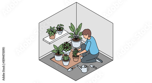 Woman Tending to Potted Plants Indoors.