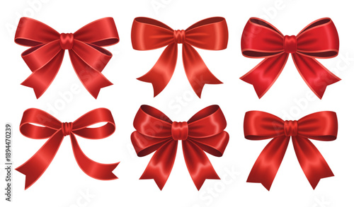 Luxury realistic red ribbon bows isolated on white for greeting cards gift packaging and holiday promotions