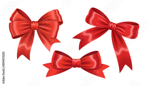 Realistic red ribbon bow vector set isolated on white background for gift wrapping holiday celebration designs