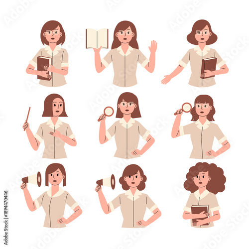Vector Set of Educator Female Teacher Characters in Uniform Illustration