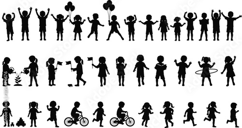 Children silhouettes collection showing playful activities, learning, running, cycling and celebrating, happy kids daily life and childhood development scenes, black vector illustration isolated 