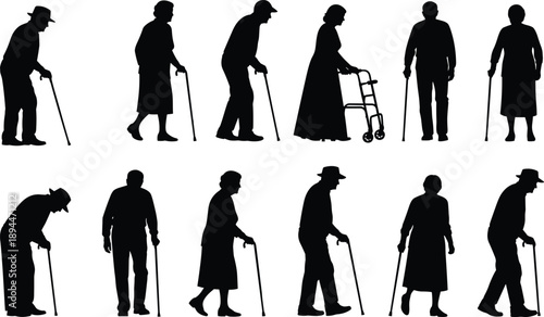 Elderly people silhouette collection using canes and walkers, senior men and women walking poses, aging population and healthcare concept, black vector set isolated on white background