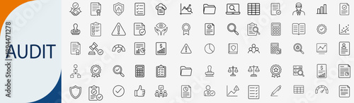 Audit and financial compliance icons set, thin line business assessment report and tax document verification vector illustration