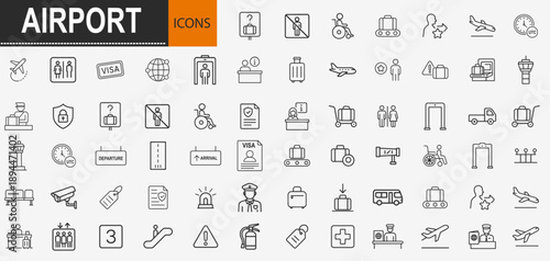 Airport and travel icons set, thin line terminal services flight transportation and tourism vector illustration
