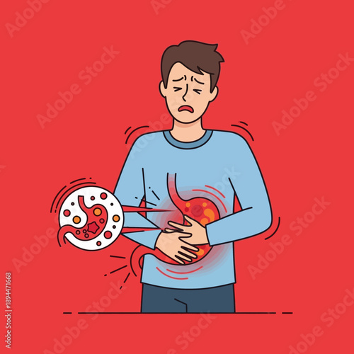 Man with stomach ache, illustration of inflamed stomach and digestive problems
