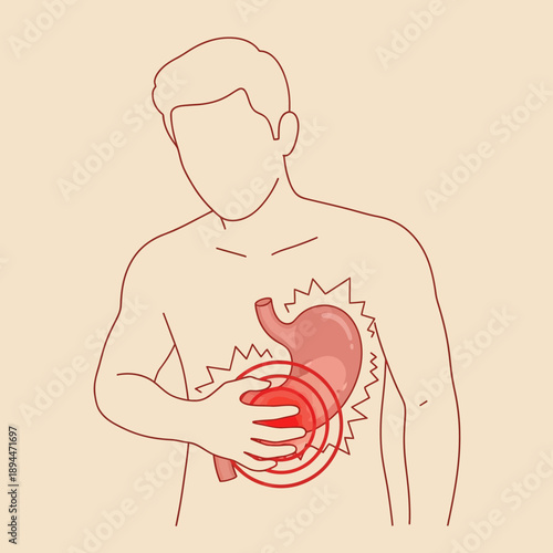 Man clutching stomach in pain, illustration of digestive distress and discomfort