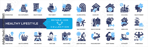 Healthy Lifestyle Icon Collection for Nutrition Fitness Wellness Habits
