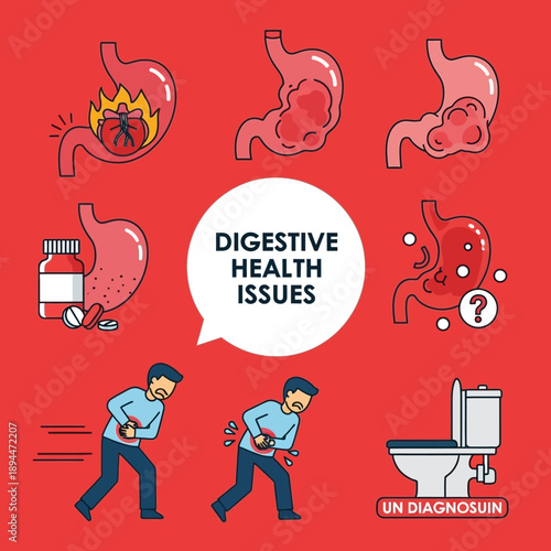 Digestive Health Issues: Stomach Problems, Pain, and Illnesses - Medical Illustration