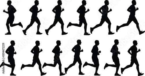 Collection of Fourteen Men Running Silhouettes in Motion for Sports Branding Marathon Marketing Fitness Training and Healthy Lifestyle Graphic Design